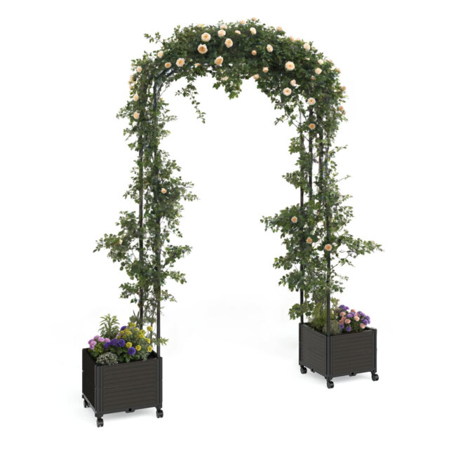 1.2m Span Metal Garden Arch with Planter Box, Heavy-Duty Arbor Trellis with Self-Watering System & Lockable Wheels, Climbing Plant Support for Backyar