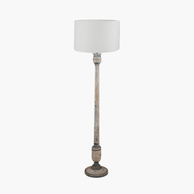 Captiva Grey Wash Mango Wood Floor Lamp Base with Lino 45cm White Self Lined Linen Cylinder Lampshade