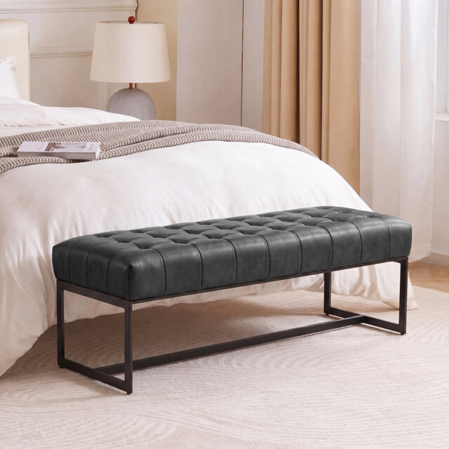 130cm Wide Genuine Leather Bench Tufted Iron Frame