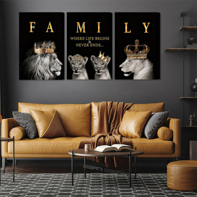 3Pcs Framed Lion Family Canvas Wall Art The Lion King And Queen With Gold Crown Poster Modern Motivational Black And White Animal Wall Decor Painting