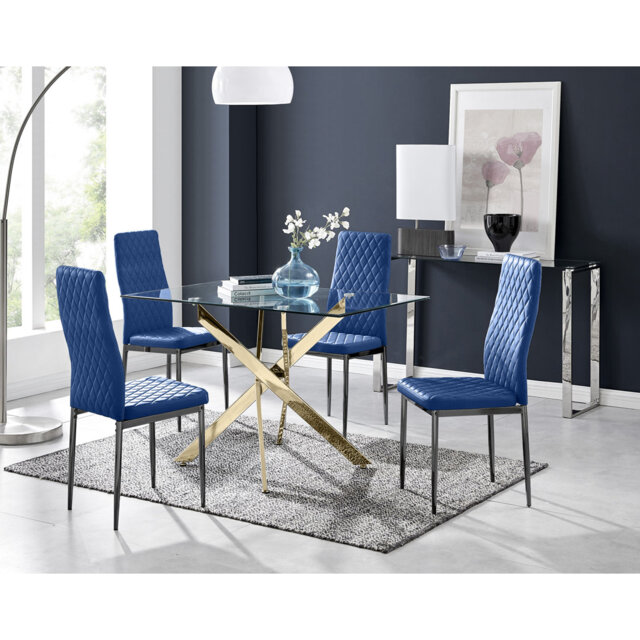 Lenworth Glass Rectangular Dining Table Set with 4 Quilted Velvet Dining Chairs