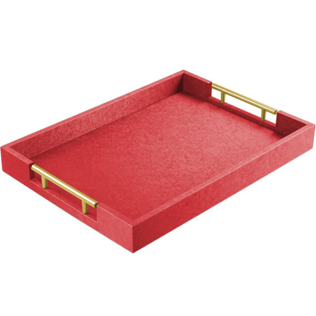 "17""x12"" Khaki Wooden Serving Tray - Gold Metal Handles for Ottoman/Bathroom/Home Decor"