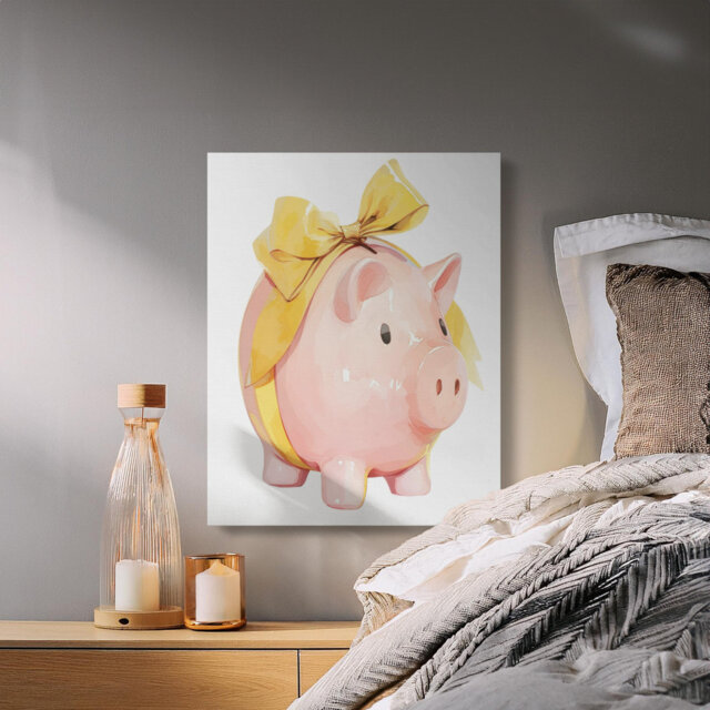 Cute Piggy Bank with Yellow Bow Canvas Art for Nursery Decor, Baby Shower Gift, Financial Goals Wall Art Print, Kids Room Decoration