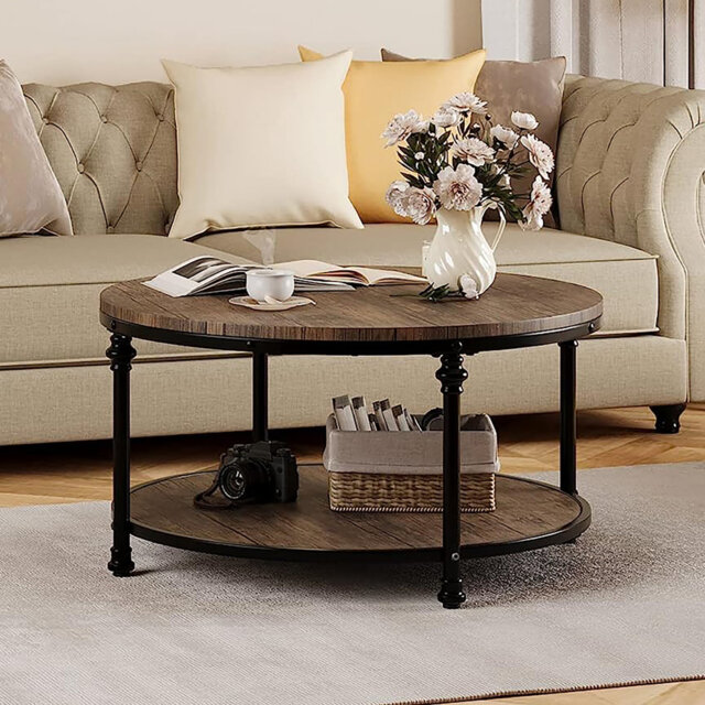 Round Coffee Table 2-Tier Wood Coffee Table with Storage Shelf Circle Center Table Living Room (30.5/34 Inch)