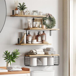4+1 Tier Floating Shelves, Rustic Wood Wall Mounted Shelf, Bathroom Shelves Over Toilet With Wire Storage Basket, Farmhouse Wall Decor For Bedroom, Ki