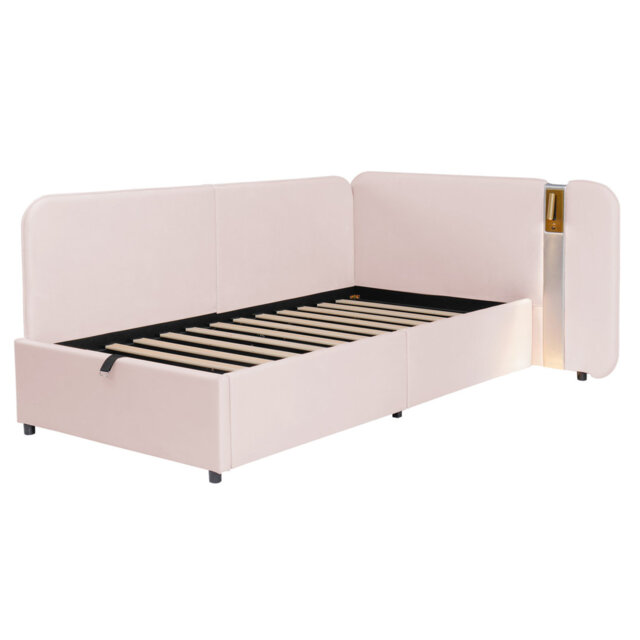 Upholstered Daybed With Hydraulic Storage, 3ft Single Bed 90x190 Cm, L-shaped Sofa Bed With Usb Port & Reading Lamp
