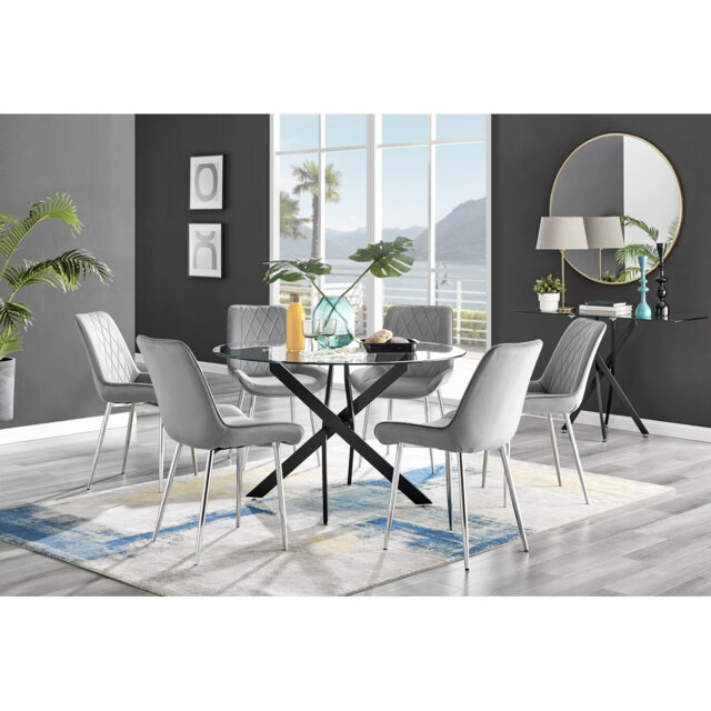 Tierra Modern Chrome Metal & Glass Round Dining Table Set with 6 Luxury Faux Leather Chairs
