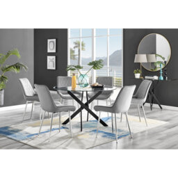 Tierra Modern Chrome Metal & Glass Round Dining Table Set with 6 Luxury Faux Leather Chairs