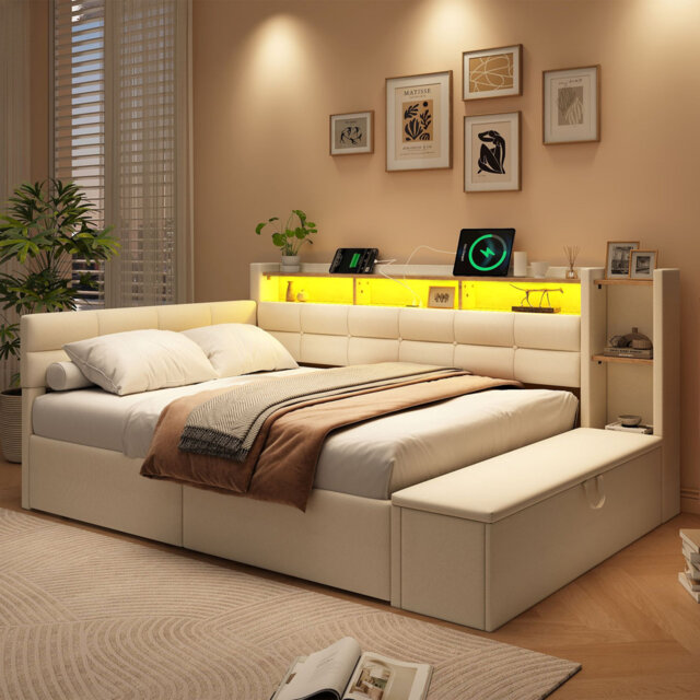 4ft6 Double LED Daybed with Storage Drawers and Ottoman
