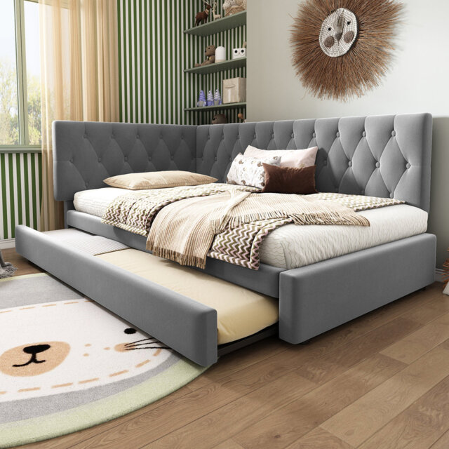 L-shaped Velvet Sofa Bed With Trundle - 90x190cm Daybed, Reversible Headboard