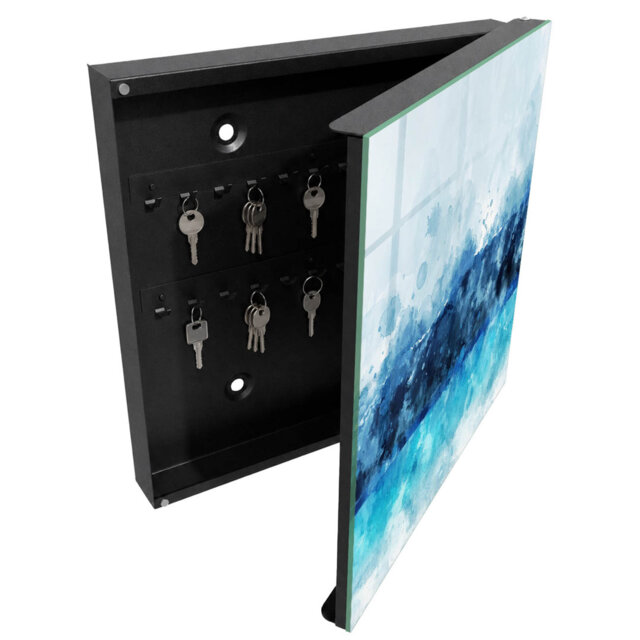 Wall mounted key box, Opens to the left, 30x30x5, Black, Turquoise waves in a modern style,