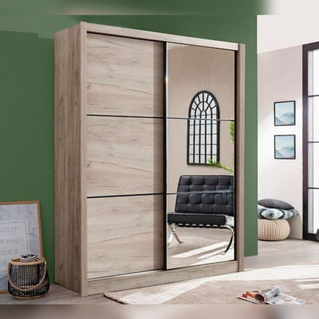 Oak Effect Sliding Door Wardrobe 166cm Wide With Full-length Mirror For Bedroom Storage