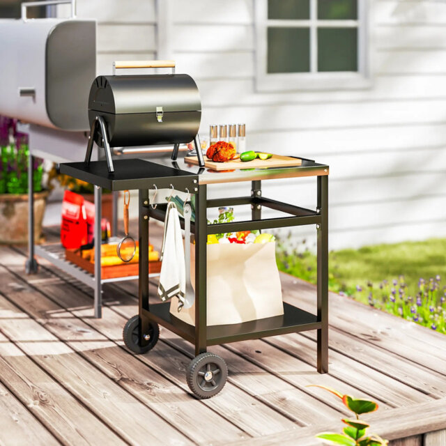 BBQ Trolley With Stainless Steel Top And Foldable Side Table, Outdoor Kitchen Barbecue Station With Hooks And Shelf, Pizza Oven Table Movable Outdoor