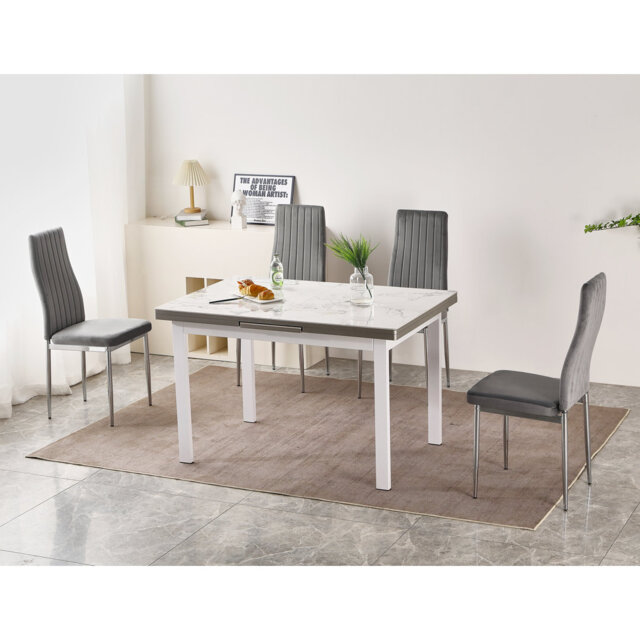 Jade White Sintered Stone Extending Dining Table with 4 Monza Velvet Chairs