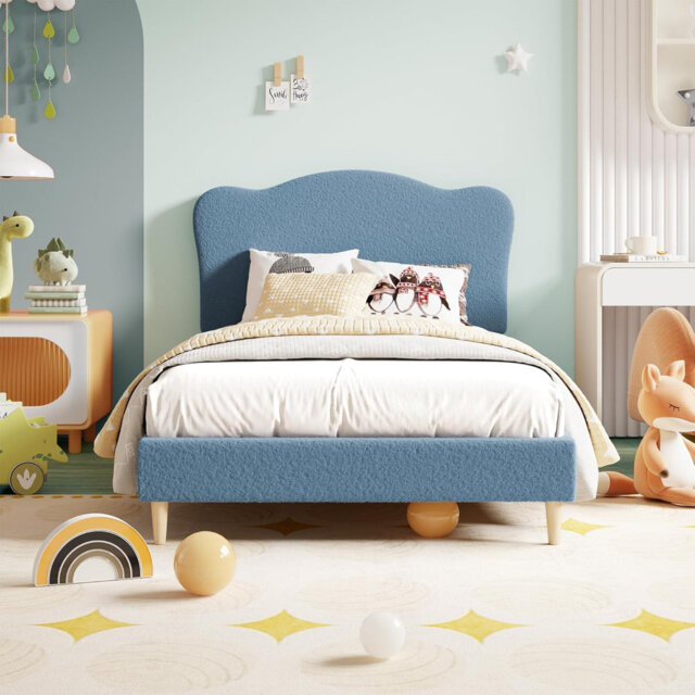 Soft Material Upholstered Single Bed Frame 90x190 cm, Scalloped Headboard, Sturdy Wooden Slats, Heavy Duty, Noise-Free, Easy Assembly, Modern Bedroom