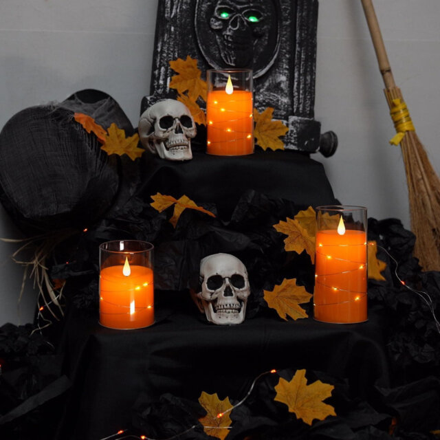 Halloween Orange Flameless Candles with String Lights - Battery-Operated LED with Remote & Timer