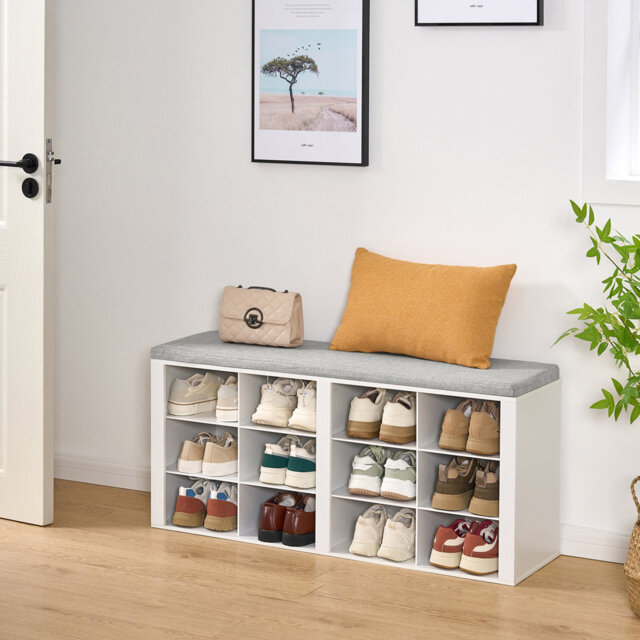 Shoe Storage Bench with Padded Seat, Shoe Rack Bench with 12 Open Compartments, Adjustable Shelves, Shoes Cabinet with Cushion for Hallway, Living Roo