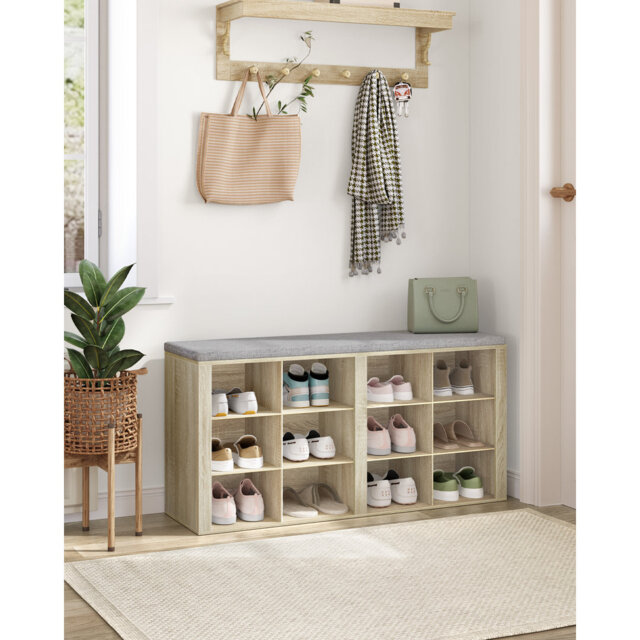 Shoe Storage Bench with Padded Seat, Shoe Rack Bench with 12 Open Compartments, Adjustable Shelves, Shoes Cabinet with Cushion for Hallway, Living Roo