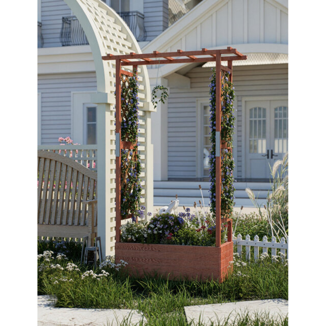 Wooden Raised Garden Bed with Climbing Arch & Trellis - Orange Elevated Planter Box for Flowers, Herbs & Climbing Plants on Patio & Balcony