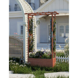 Wooden Raised Garden Bed with Climbing Arch & Trellis - Orange Elevated Planter Box for Flowers, Herbs & Climbing Plants on Patio & Balcony