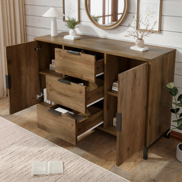Apogee 120 Cm Dark Oak Sideboard Cabinet With 2 Doors And 3 Drawers Adjustable shelf