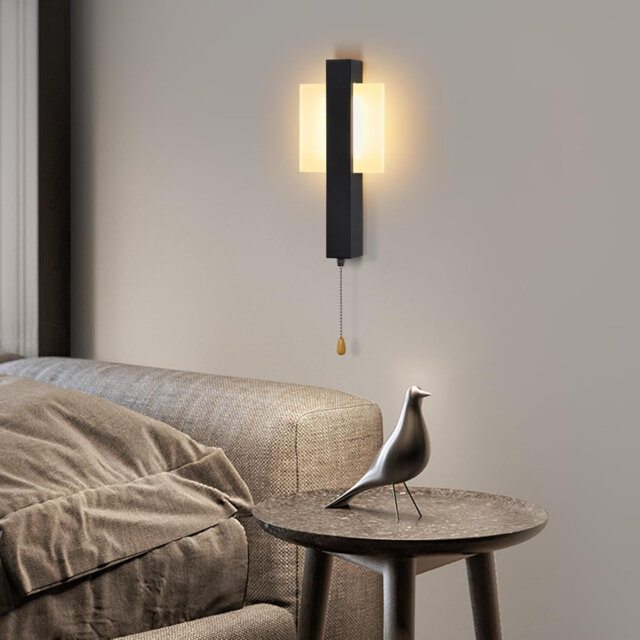 LED Indoor Wall Lamp with Switch - Hallway light, black, modern design, pull-cord switch wall lamp, 3000K warm white light, square wall lamp, wrought