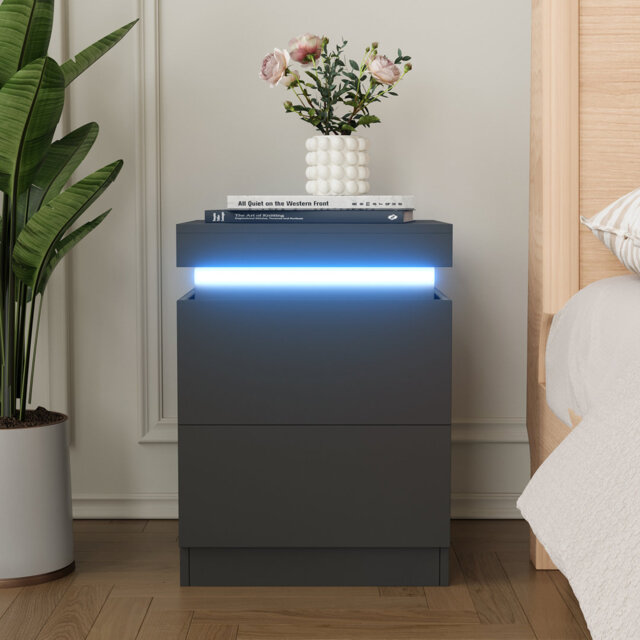Bedside Table with Charging, 3 Layer Side Table with LED light, Remote and App Control