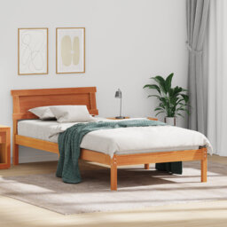 Bed Frame With Headboard & LED - Wax Brown, Solid Pine Wood.