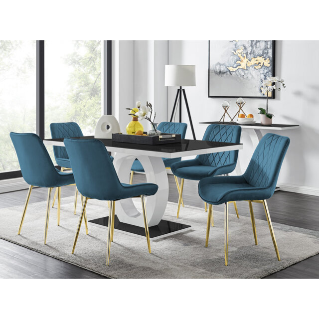 Scottsmoor Modern High Gloss & Glass Dining Set - 6 Luxury Velvet Mid-Century Upholstered Chairs