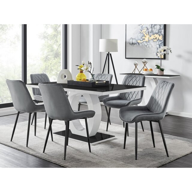 Scottsmoor Modern High Gloss & Glass Dining Set - 6 Luxury Velvet Mid-Century Upholstered Chairs