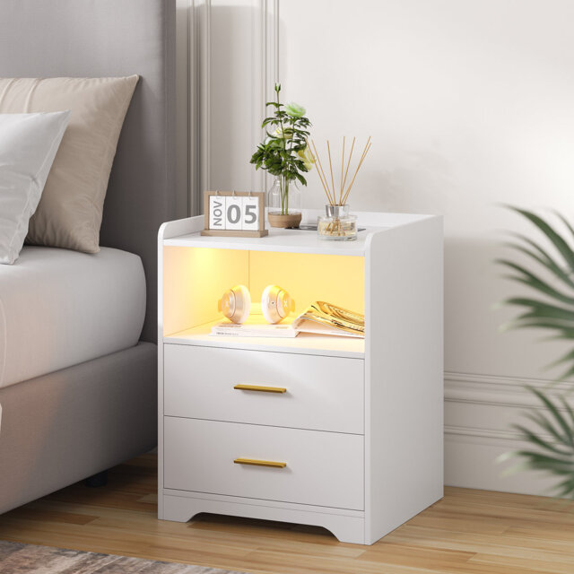 2 Drawer Bedside Table with Charging Station and Human Sensor Light
