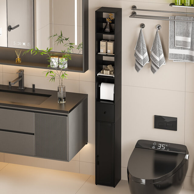 Slim Tall Bathroom Cabinet With Adjustable Shelves, Storage Cabinet With Toilet Paper Scroll And Small Drawer
