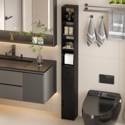 Slim Tall Bathroom Cabinet With Adjustable Shelves, Storage Cabinet With Toilet Paper Scroll And Small Drawer