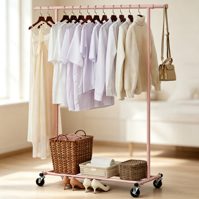 Pink Wheeled Heavy Duty Clothes Rail with Storage Shelf, Adjustable Width & Height Garment Rack with Lockable Castors, 80kg Max Load Rolling Clothing