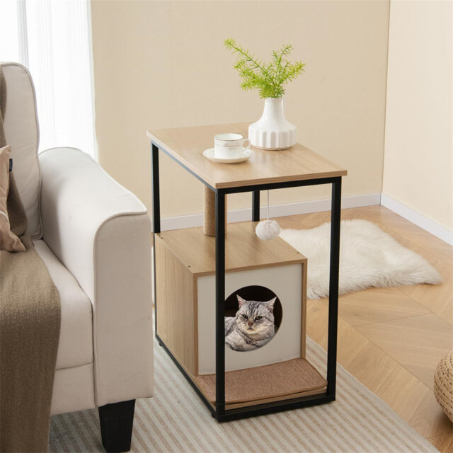 Cat House Side Table, Wooden Kitten Tower With Condo, Detachable Cushion, Scratching Post & Mat And Anti-Tipping Kit, Cats Furniture End Table For Liv