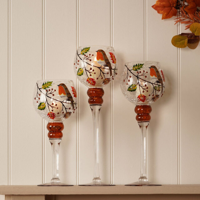 Set of 3  Autumn Robin Candle Holders