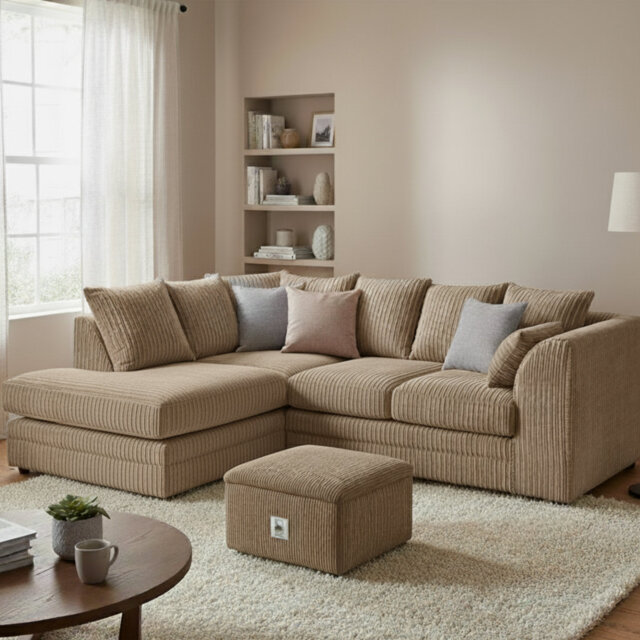 Jumbo Cord Upholstered Corner Sofa Small Back Cushion with Foot Stool