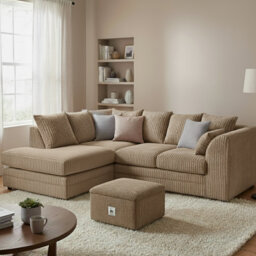 Jumbo Cord Upholstered Corner Sofa Small Back Cushion with Foot Stool