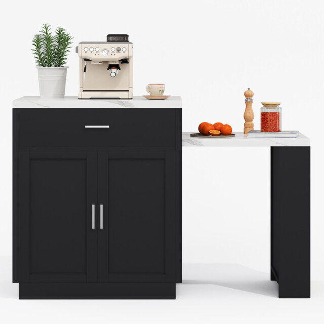 Kitchen island,with 2 drawers & 2 side open shelves & storage cabinet,extendable dining table for 4-6 people
