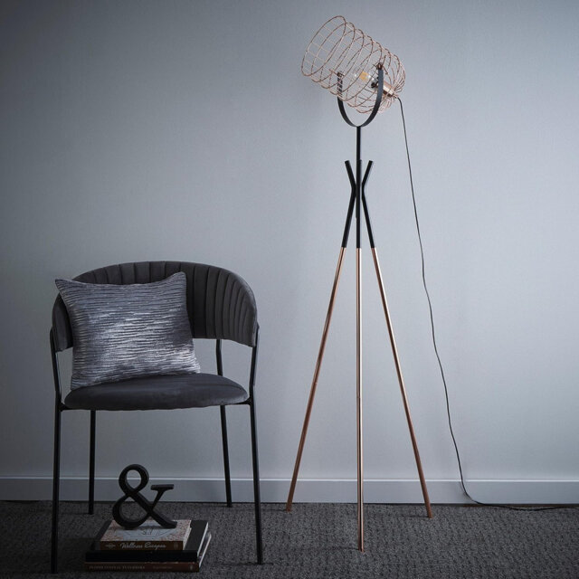 Aamya Fulton Industrial Metal Cage Tripod Copper and Black Floor Lamp