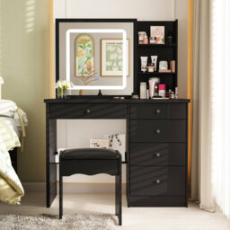 100cm Wide Dressing Table with Sliding 3 Colour LED Mirror & Hidden Storage, 5-Drawer Vanity & Stool