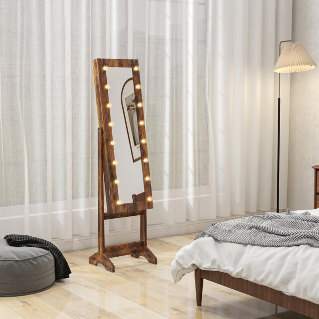 Freestanding Mirror Jewelry Cabinet With LED Lights, Jewellery Organiser With 3 Angle Adjustable, Full-Length Mirror With Storage For Earrings, Neckla