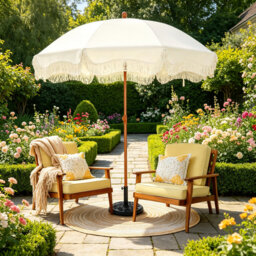 2M Boho Fringed Beach Umbrella, UPF50+ UV Protection Round Patio Parasol, Wind Resistant with Ground Drill & Carry Bag for Garden Balcony Terrace, Ivo