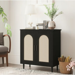 Rattan Buffet Cabinet with Storage, Single Door Accent Console Table for Entryway, Dining Room & Kitchen, Compact Sideboard with Adjustable Shelves, 3