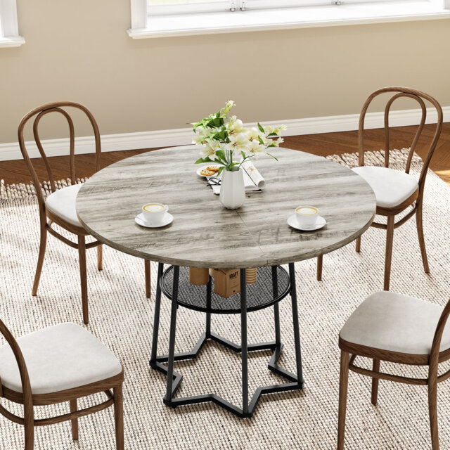 38.6 Inch Wood Dining Room Table,Round Dining Table for 4, with Storage Shelf, Farmhouse Kitchen Tables with Metal Base, for Home Dining Room