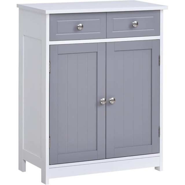 75x60cm Freestanding Bathroom Storage Cabinet Unit with 2 Drawers Cupboard Adjustable Shelf Metal Handles Traditional Style Grey White