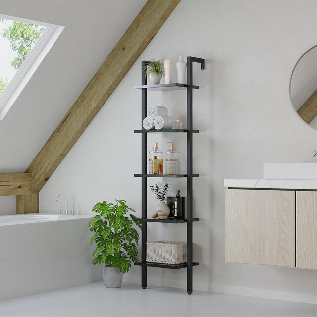 6-level DIY bookcase, industrial ladder shelf, particle board shelf, vertical standing shelf, with stabilizing metal frame, for the home office, livin