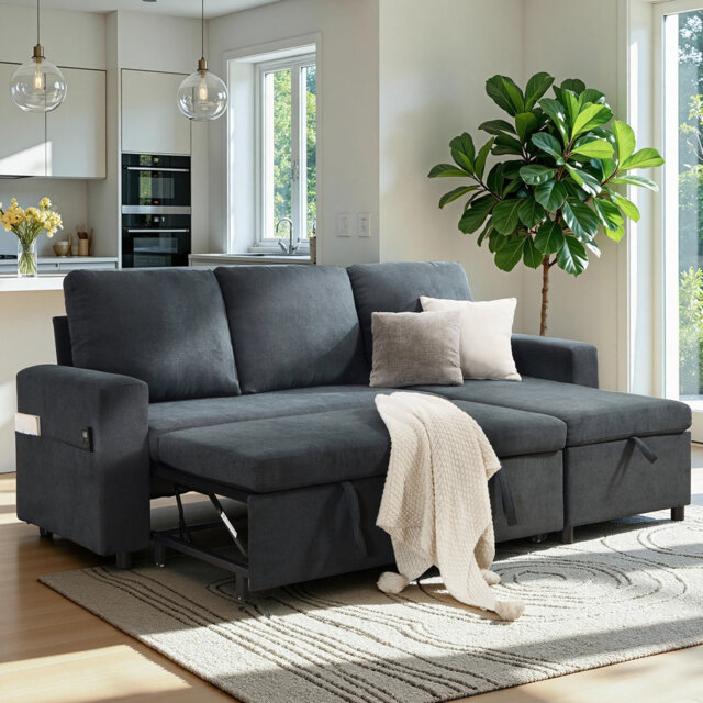 227cm L-Shaped Convertible Pull Out Sofa Bed, Upholstered Sleeper with Storage Chaise and Side Pocket
