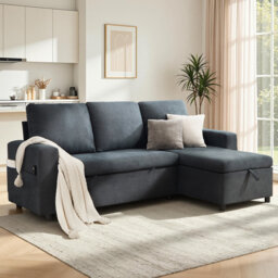 227cm L-Shaped Convertible Pull Out Sofa Bed, Upholstered Sleeper with Storage Chaise and Side Pocket