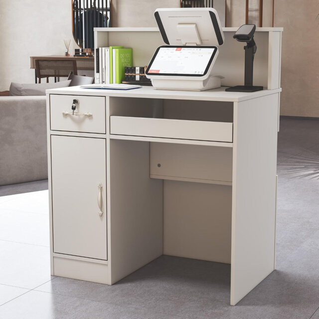 80cm White LED Reception Desk with Lockable Drawer, Cabinet & Keyboard Tray